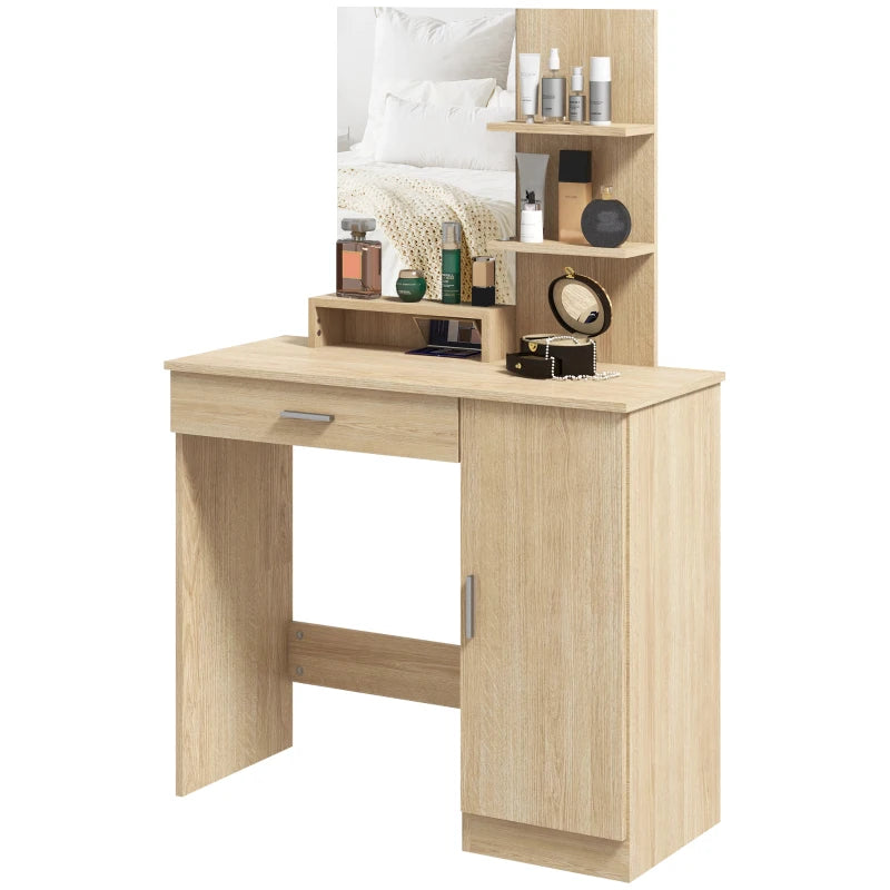Vanity Desk with Mirror, Makeup Vanity w/ Drawer, Open Compartment and Shelves, Cabinet, Adjustable Shelves for Bedroom