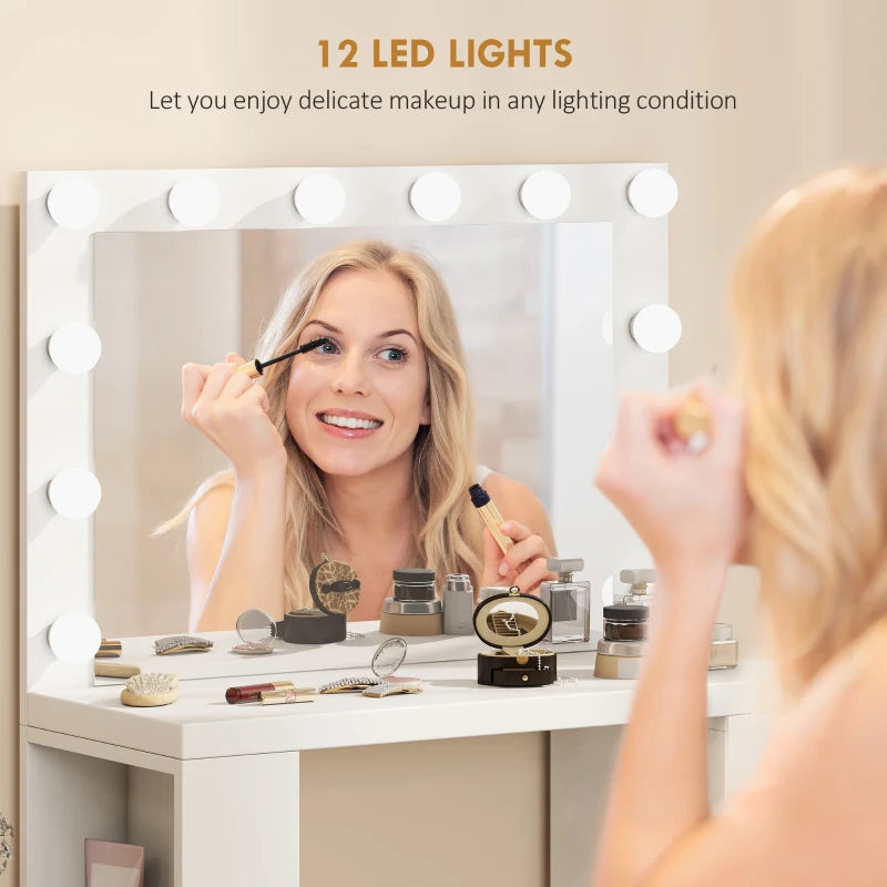 Vanity Desk with Mirror and 12 LED Lights, Makeup Table w/ Power Outlet, 3 Light Colour, 6 Drawers and 2 Shelves, White