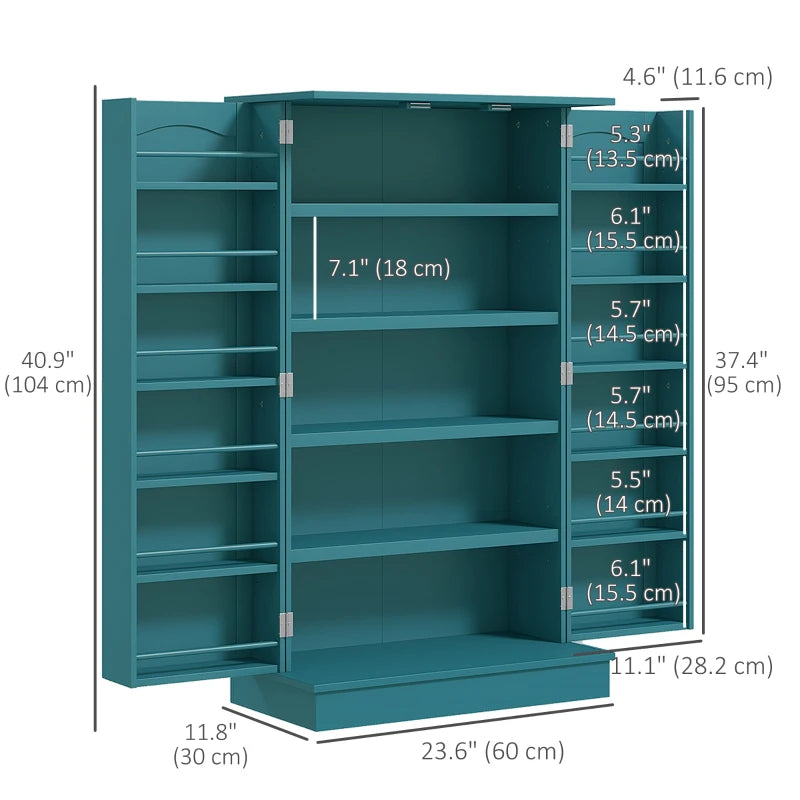 41" Storage Cabinet, 2-Door Kitchen Pantry Cabinet with 5-tier Shelving, 12 Spice Racks, Adjustable Shelves, Teal Blue