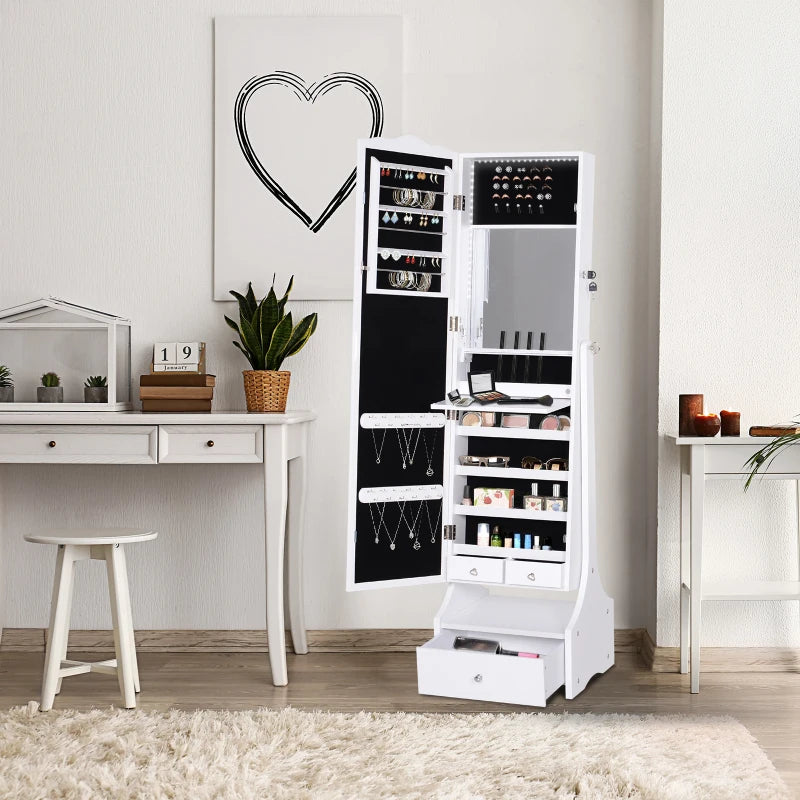 Standing Jewelry Cabinet Organizer Jewelry Armoire with LED Lights, Full Length Mirror, Adjustable Angle, White