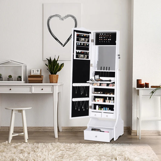 Standing Jewelry Cabinet Organizer Jewelry Armoire with LED Lights, Full Length Mirror, Adjustable Angle, White
