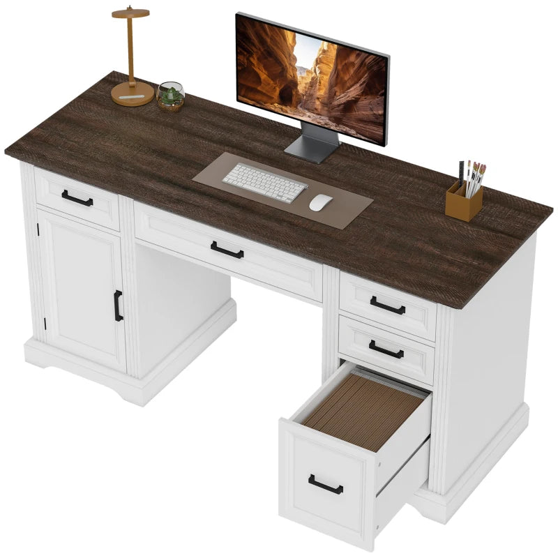 58" Home Office Desk with Soft-Close Drawers, Farmhouse Executive Desk with File Drawer for Letter Size, White