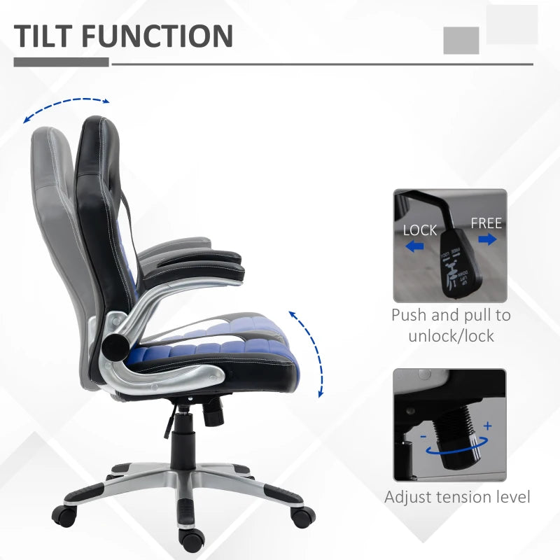 Racing Gaming Chair PU Leather Office Chair Executive Computer Desk Chair with Adjustable Height, Flip Up Armrest, Swivel Wheels, Blue
