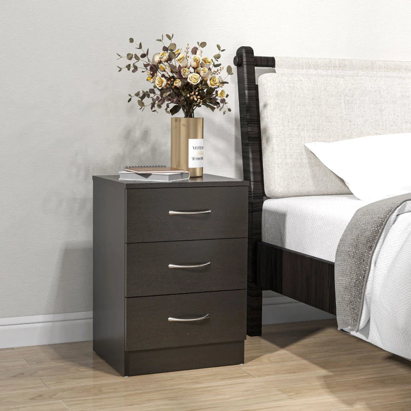Bedside Table with 3 Drawers, Modern Wood Nightstand, Side Table with Anti-tipping Design for Bedroom, Set of 2, Dark Brown
