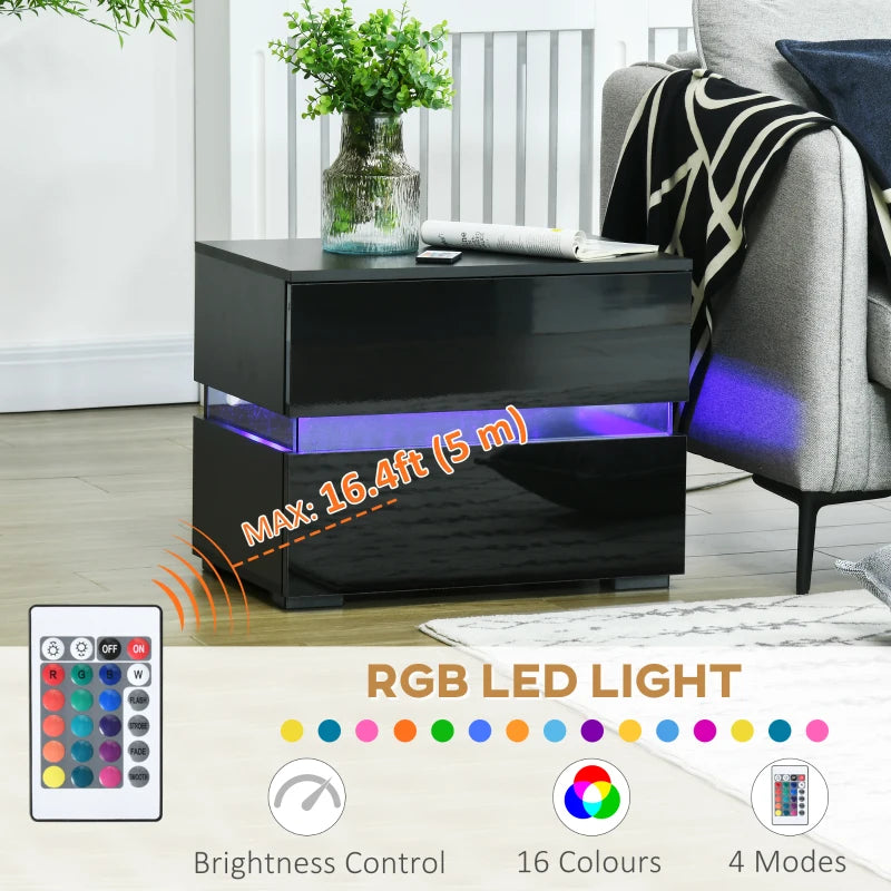 Modern Nightstand, Bedside Table with 2 Drawers, USB Powered RGB LED Lights for Bedroom, Black