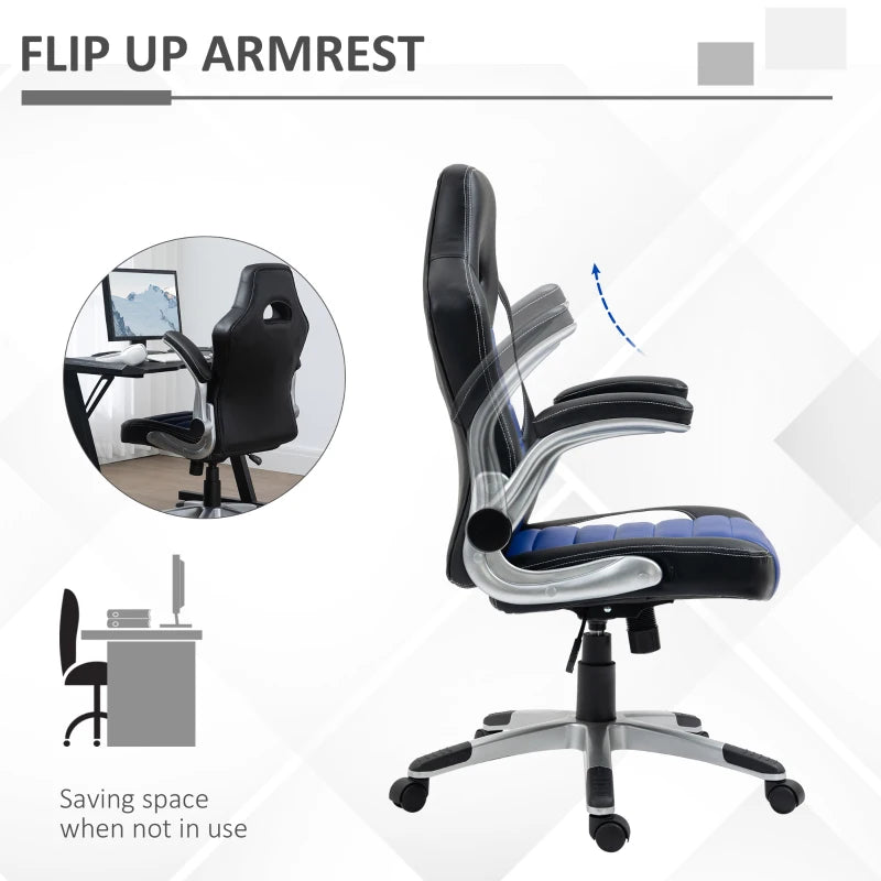 Racing Gaming Chair PU Leather Office Chair Executive Computer Desk Chair with Adjustable Height, Flip Up Armrest, Swivel Wheels, Blue