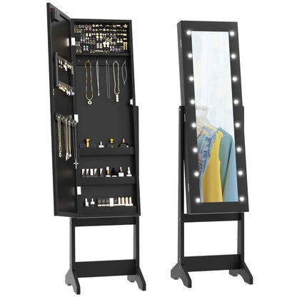 Free Standing Armoire Organizer, Lighted Mirrored Jewelry Cabinet w/ Angle Adjustable & 16 LED Lights Black