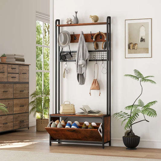 5-In-1 Coat Rack Shoe Bench, Hall Tree with Bench, Shoe Cabinet, 10 Hooks for Hallway, Mud Room, Rustic Brown