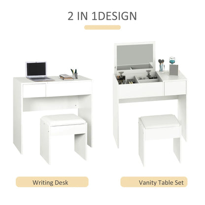Modern Vanity Set with Flip Top Mirror and Cushioned Stool, Dressing Table with Storage Drawer for Bedroom, White