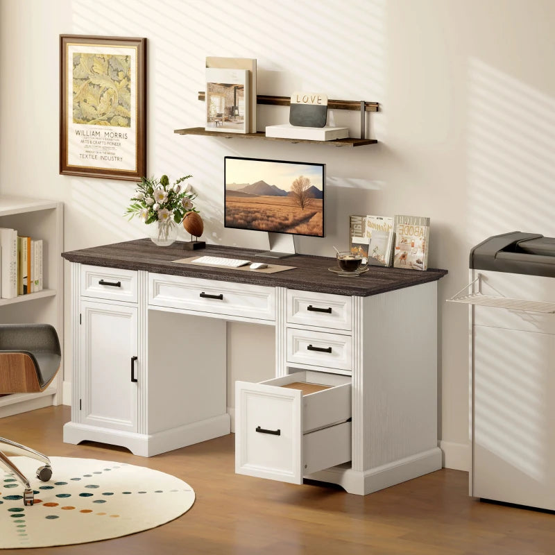 58" Home Office Desk with Soft-Close Drawers, Farmhouse Executive Desk with File Drawer for Letter Size, White