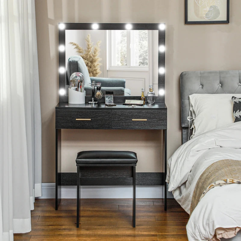 Makeup Vanity Table Set with Stool, Dressing Table with LED Lighting Mirror, Drawers, for Bedroom, Black