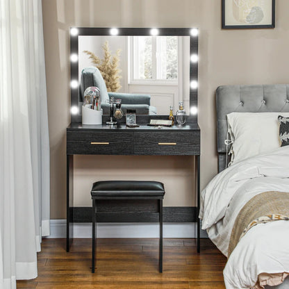 Makeup Vanity Table Set with Stool, Dressing Table with LED Lighting Mirror, Drawers, for Bedroom, Black