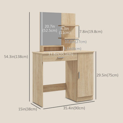 Vanity Desk with Mirror, Makeup Vanity w/ Drawer, Open Compartment and Shelves, Cabinet, Adjustable Shelves for Bedroom