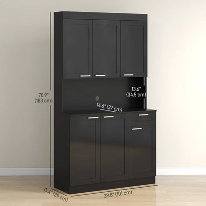 71" Kitchen Pantry Cabinet, Storage Buffet with Hutch, Adjustable Shelves for Living Room, High Gloss Black