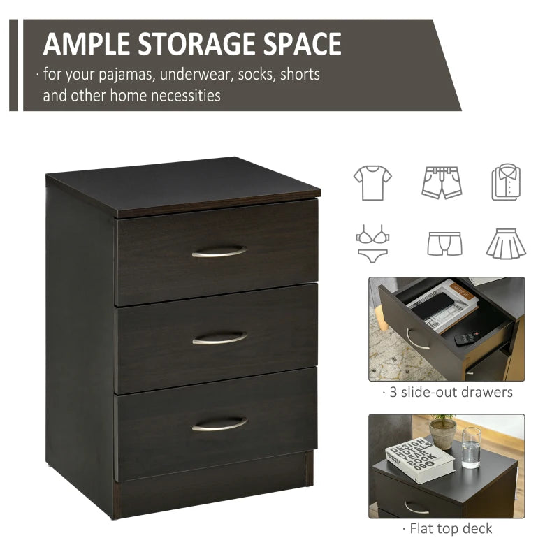 Bedside Table with 3 Drawers, Modern Wood Nightstand, Side Table with Anti-tipping Design for Bedroom, Set of 2, Dark Brown