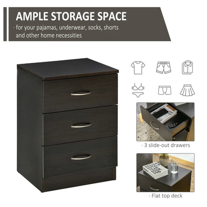 Bedside Table with 3 Drawers, Modern Wood Nightstand, Side Table with Anti-tipping Design for Bedroom, Set of 2, Dark Brown