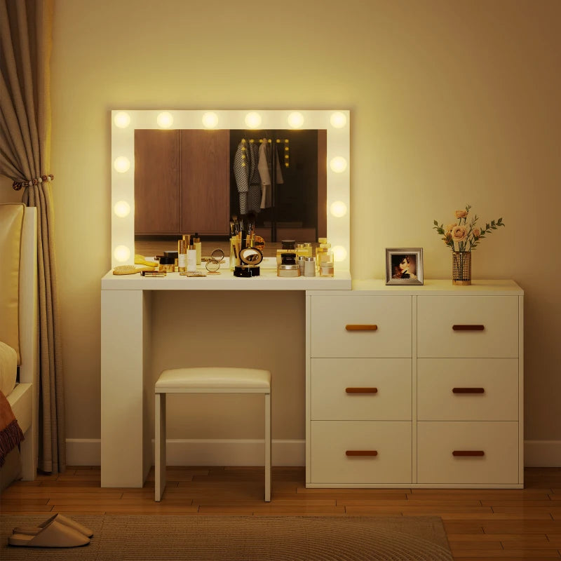 Vanity Desk with Mirror and 12 LED Lights, Makeup Table w/ Power Outlet, 3 Light Colour, 6 Drawers and 2 Shelves, White