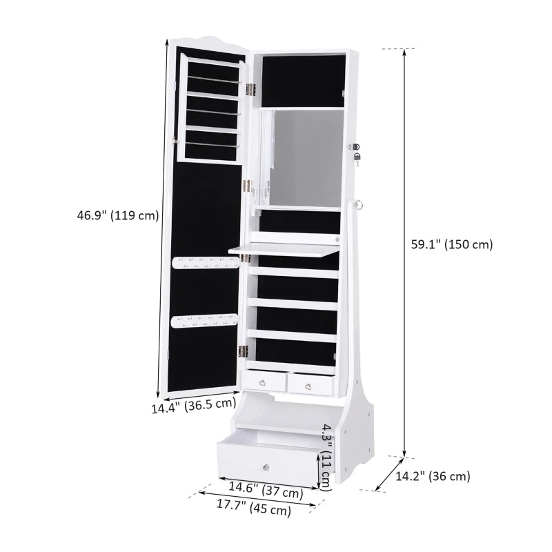 Standing Jewelry Cabinet Organizer Jewelry Armoire with LED Lights, Full Length Mirror, Adjustable Angle, White