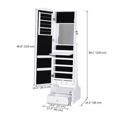 Standing Jewelry Cabinet Organizer Jewelry Armoire with LED Lights, Full Length Mirror, Adjustable Angle, White