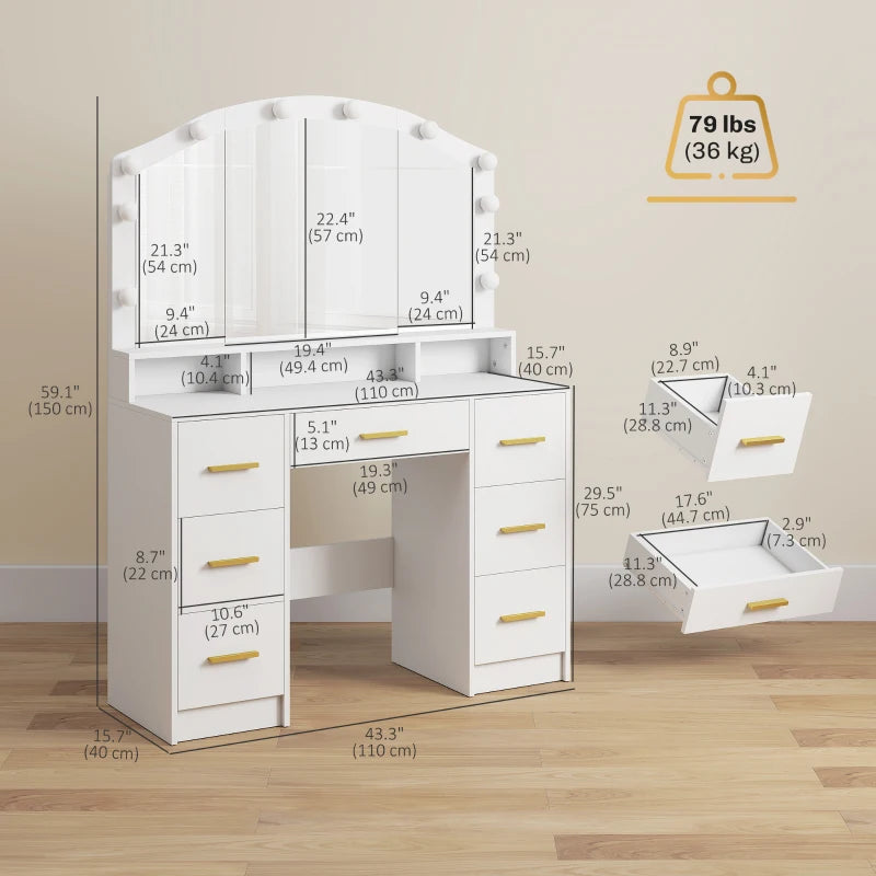 Makeup Vanity with Mirror and 10 LED Lights, 3 Colour Adjustable, Dressing Table with 7 Drawers, 3 Compartments, White