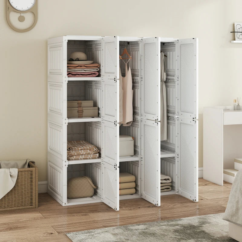 Portable Wardrobe, Foldable Plastic Closet with 8 Compartments, 2 Hanging Rods and Magnetic Doors, White