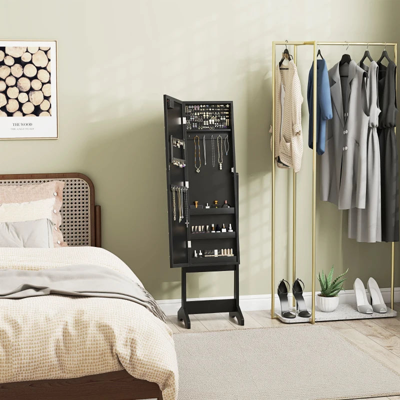 Free Standing Armoire Organizer, Lighted Mirrored Jewelry Cabinet w/ Angle Adjustable & 16 LED Lights Black