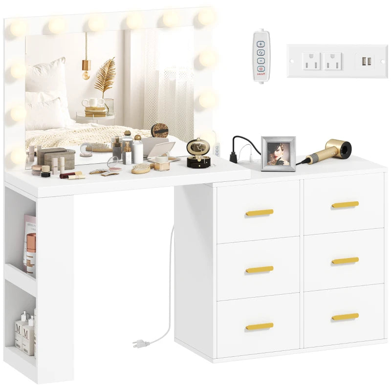 Vanity Desk with Mirror and 12 LED Lights, Makeup Table w/ Power Outlet, 3 Light Colour, 6 Drawers and 2 Shelves, White