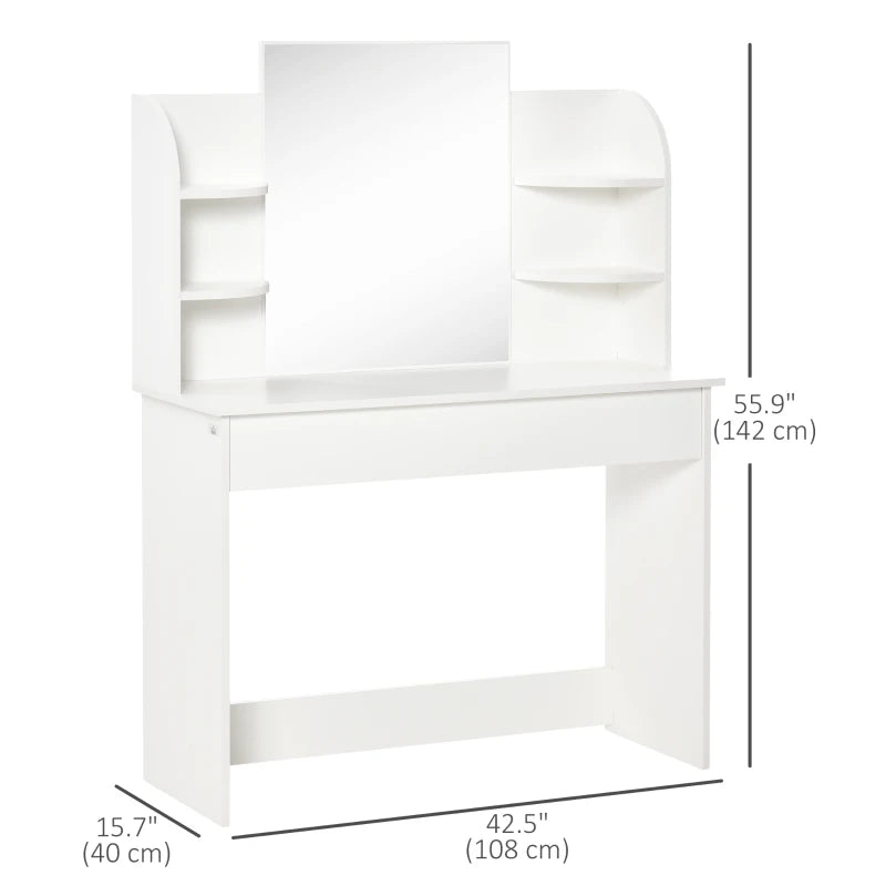 HOMCOM Vanity Table, Makeup Vanity with Open Shelves and Drawer, Dressing Table for Bedroom, White