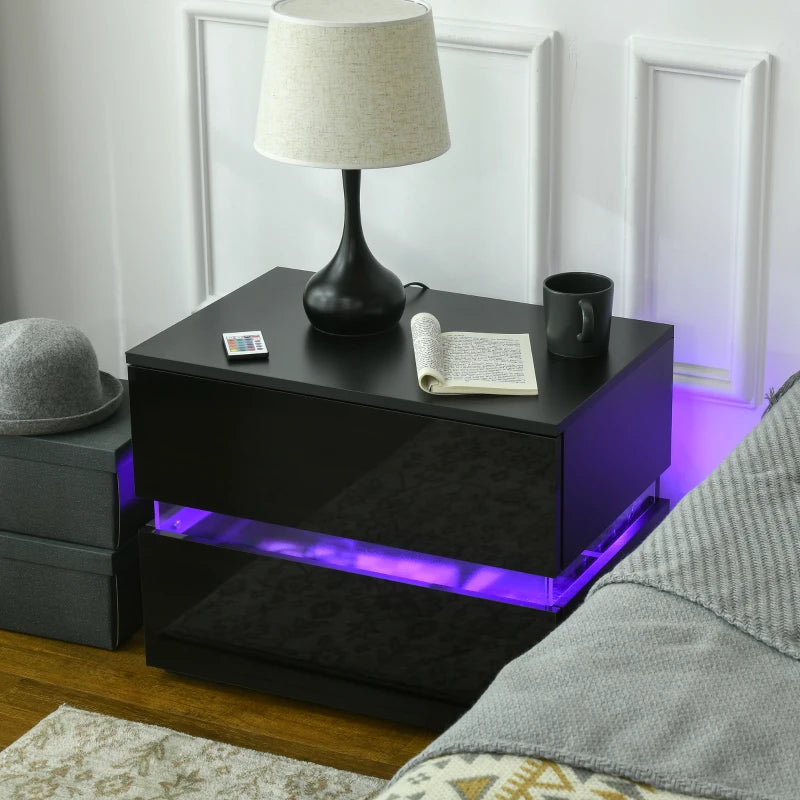 Modern Nightstand, Bedside Table with 2 Drawers, USB Powered RGB LED Lights for Bedroom, Black