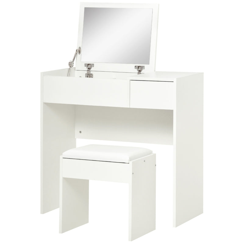 Modern Vanity Set with Flip Top Mirror and Cushioned Stool, Dressing Table with Storage Drawer for Bedroom, White