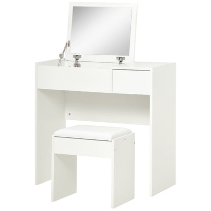 Modern Vanity Set with Flip Top Mirror and Cushioned Stool, Dressing Table with Storage Drawer for Bedroom, White