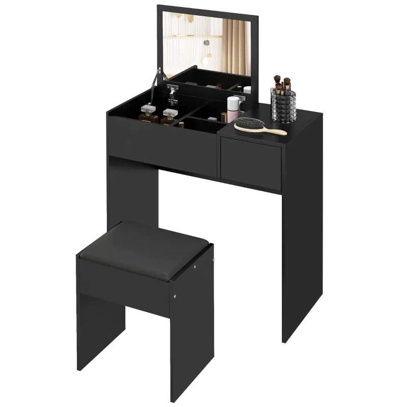 Modern Vanity Set with Flip Top Mirror and Cushioned Stool, Dressing Table with Storage Drawer for Bedroom, White