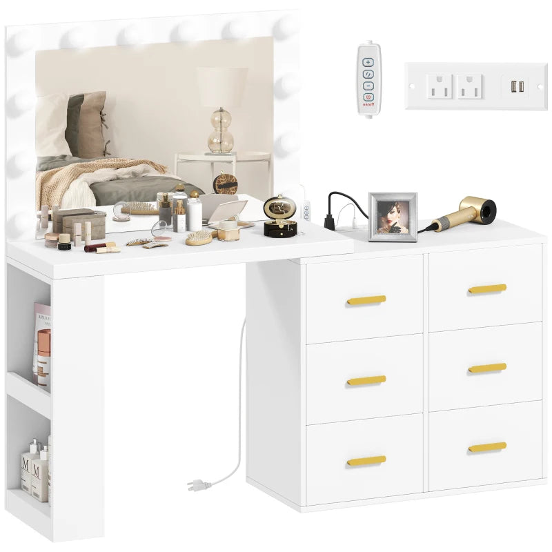 Vanity Desk with Mirror and 12 LED Lights, Makeup Table w/ Power Outlet, 3 Light Colour, 6 Drawers and 2 Shelves, White