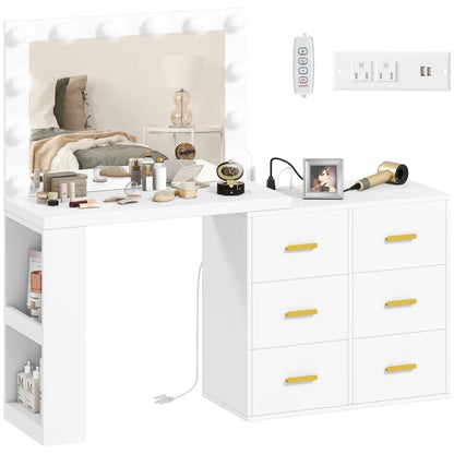 Vanity Desk with Mirror and 12 LED Lights, Makeup Table w/ Power Outlet, 3 Light Colour, 6 Drawers and 2 Shelves, White