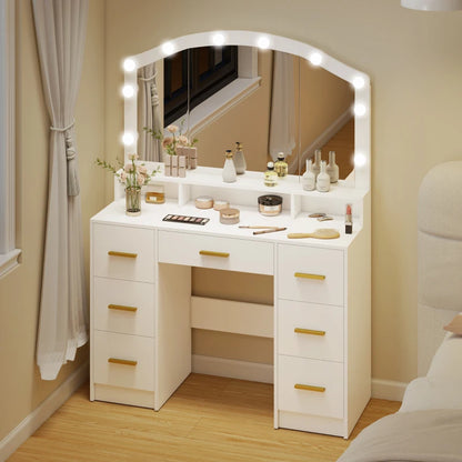 Makeup Vanity with Mirror and 10 LED Lights, 3 Colour Adjustable, Dressing Table with 7 Drawers, 3 Compartments, White