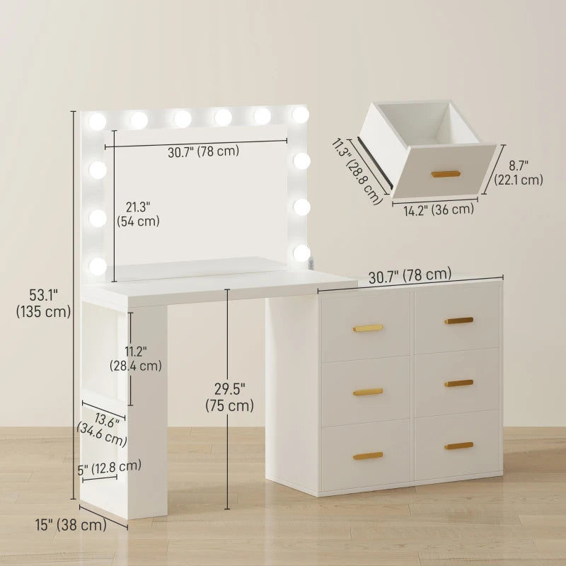 Vanity Desk with Mirror and 12 LED Lights, Makeup Table w/ Power Outlet, 3 Light Colour, 6 Drawers and 2 Shelves, White