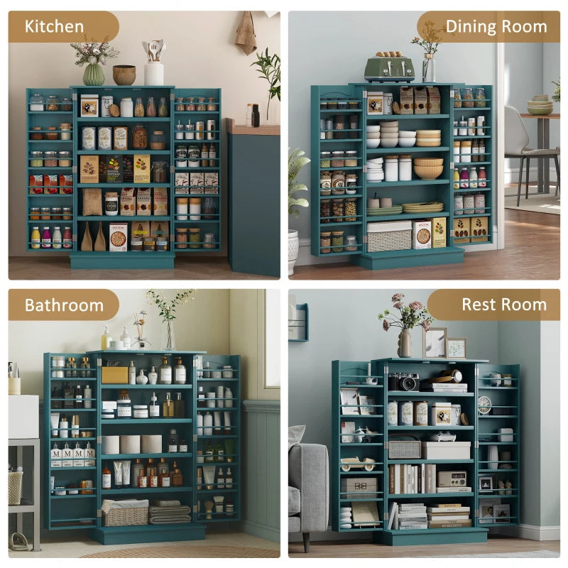 41" Storage Cabinet, 2-Door Kitchen Pantry Cabinet with 5-tier Shelving, 12 Spice Racks, Adjustable Shelves, Teal Blue