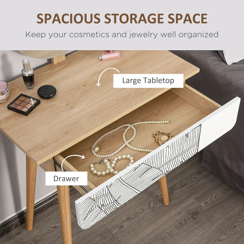 Vanity Table, Makeup Vanity with Drawer and Height Adjustable Mirror, Dressing Table with Wood Legs for Bedroom, Oak