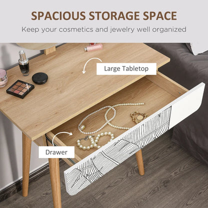 Vanity Table, Makeup Vanity with Drawer and Height Adjustable Mirror, Dressing Table with Wood Legs for Bedroom, Oak