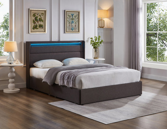 Grey Fabric Platform Bed with LED Lights (NS-5343)