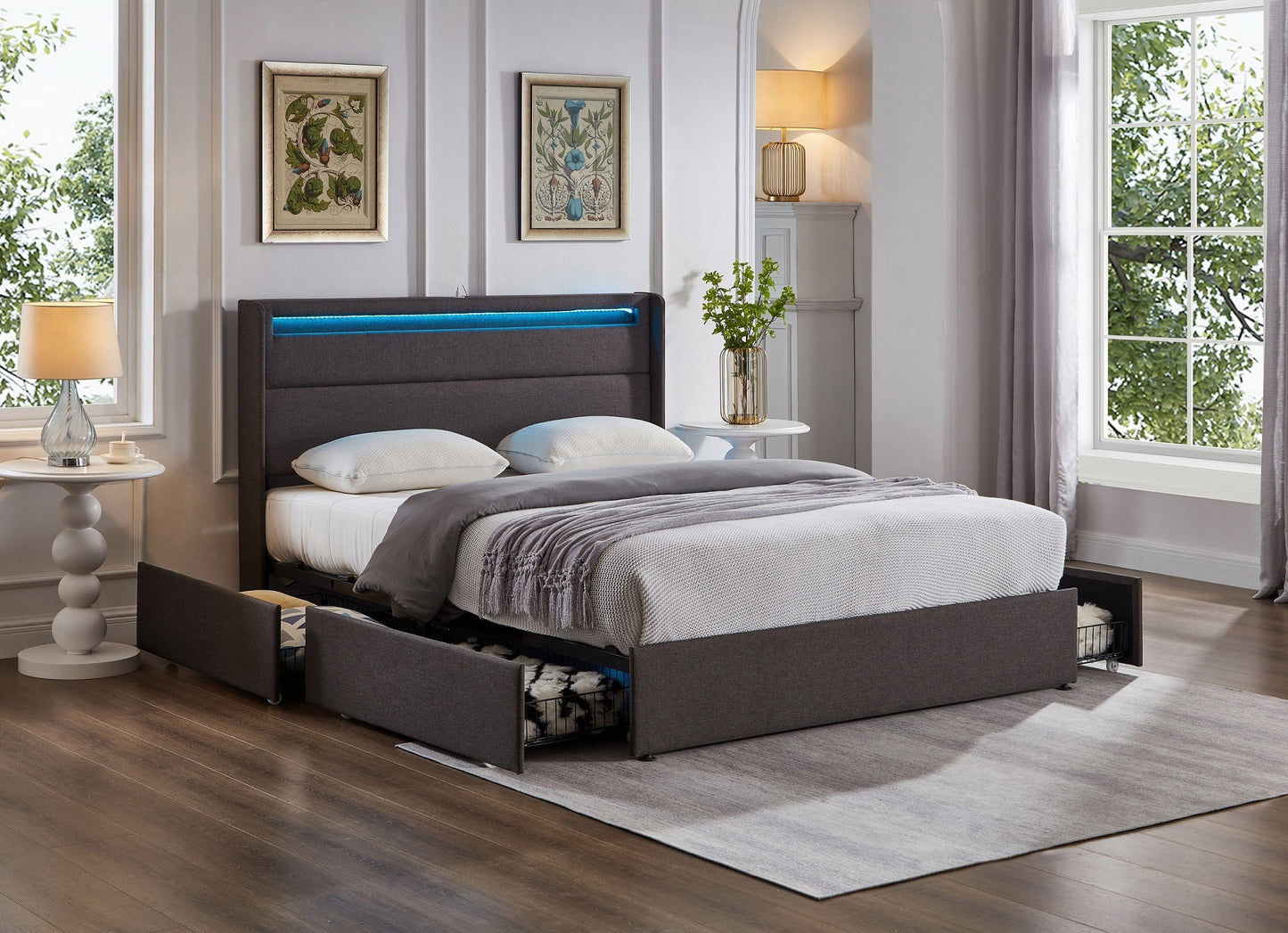 Grey Fabric Platform Bed Bed Frame with LED Lights (NS-5343)