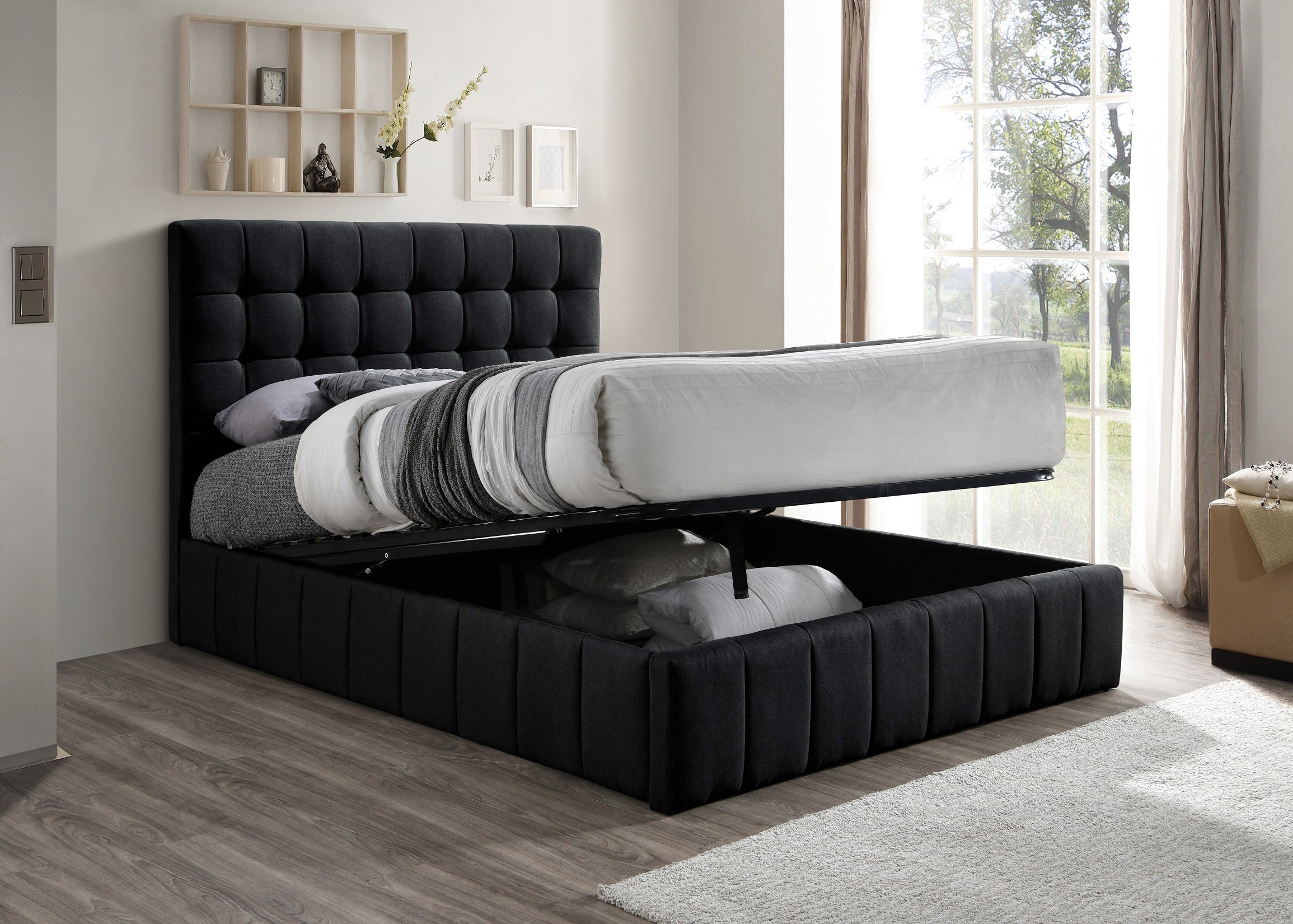 Black Fabric Hydraulic Lift Storage Bed Frame (NS-5785)