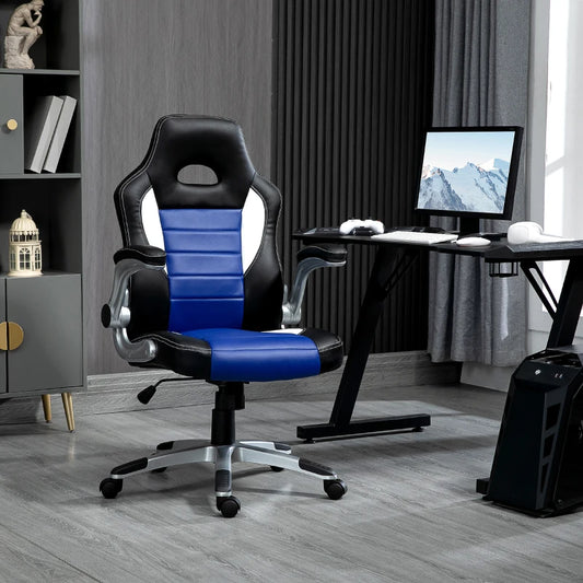 Racing Gaming Chair PU Leather Office Chair Executive Computer Desk Chair with Adjustable Height, Flip Up Armrest, Swivel Wheels, Blue