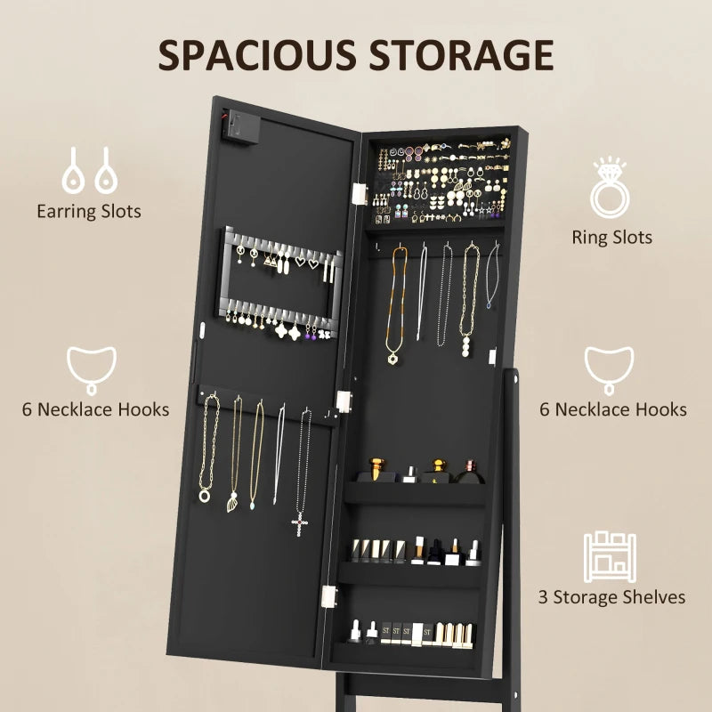 Free Standing Armoire Organizer, Lighted Mirrored Jewelry Cabinet w/ Angle Adjustable & 16 LED Lights Black
