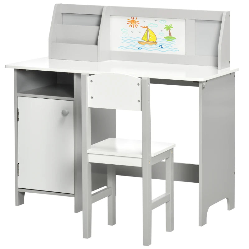 Qaba 2Pcs Kids Desk and Chair Set with Whiteboard, Storage, Shelves, Grey