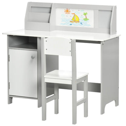 Qaba 2Pcs Kids Desk and Chair Set with Whiteboard, Storage, Shelves, Grey