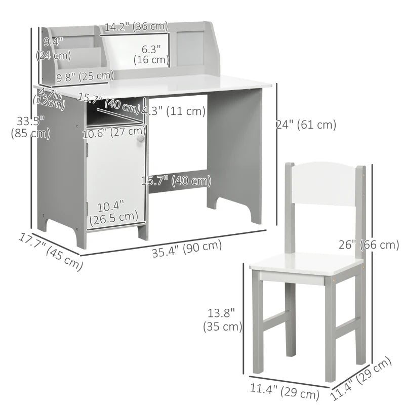 Qaba 2Pcs Kids Desk and Chair Set with Whiteboard, Storage, Shelves, Grey