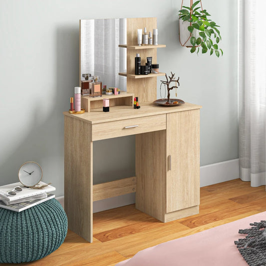 Vanity Desk with Mirror, Makeup Vanity w/ Drawer, Open Compartment and Shelves, Cabinet, Adjustable Shelves for Bedroom