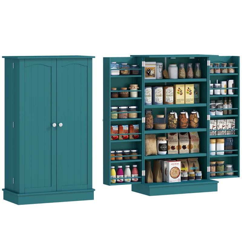 41" Storage Cabinet, 2-Door Kitchen Pantry Cabinet with 5-tier Shelving, 12 Spice Racks, Adjustable Shelves, Teal Blue