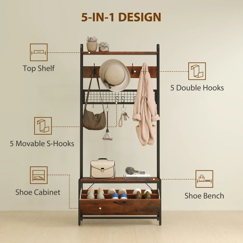 5-In-1 Coat Rack Shoe Bench, Hall Tree with Bench, Shoe Cabinet, 10 Hooks for Hallway, Mud Room, Rustic Brown